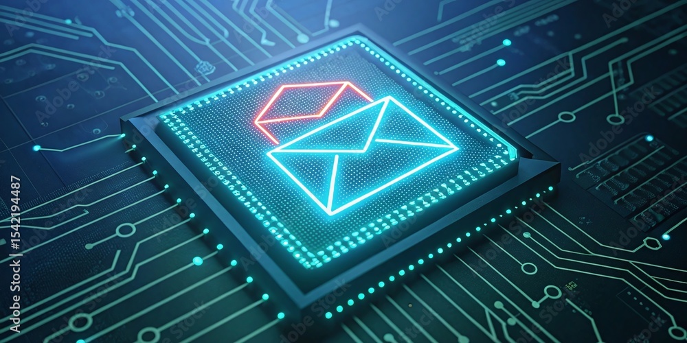 Poster email and spam icons on cpu chip, digital communication concept
