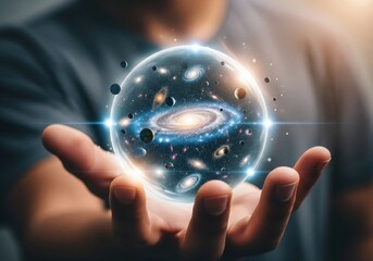 Universe in Palm. A person cradles a luminous orb, embodying the vast cosmos. It symbolizes creation, boundless potential, and the intricate fabric of existence.