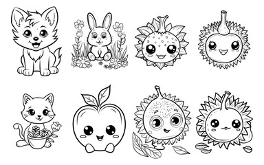 Eight cute animalfruitplant cartoons line art on white