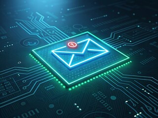 Glowing Email Icon on Advanced Circuit Board Technology Display