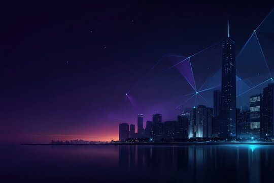 Futuristic city skyline at twilight, interconnected by digital lines