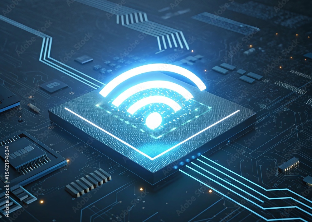 Poster glowing wi-fi icon on advanced circuit board technology display