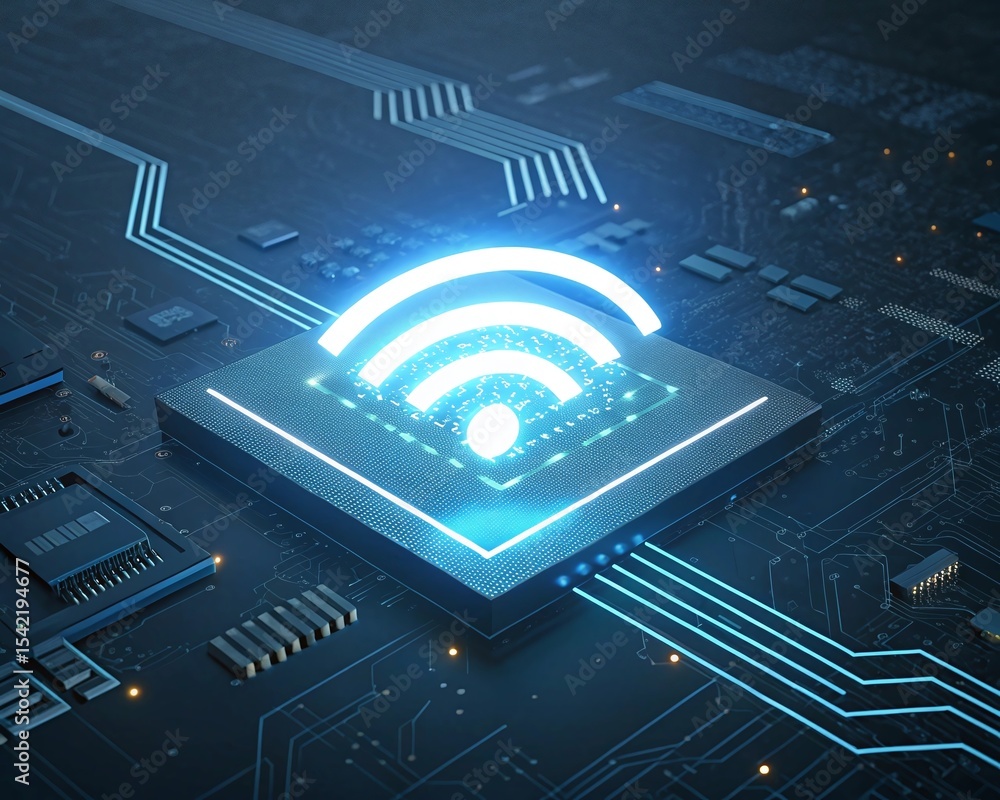 Poster glowing wifi symbol on circuit board representing wireless connectivity