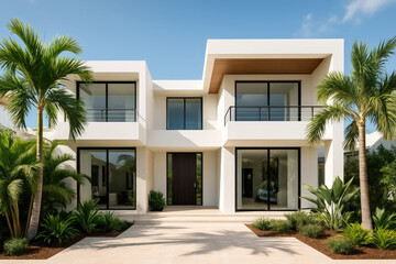 Fototapeta premium Modern Architectural Design Featuring a Stylish House With Large Windows, Palm Trees, and a Clean Entrance on a Sunny Day