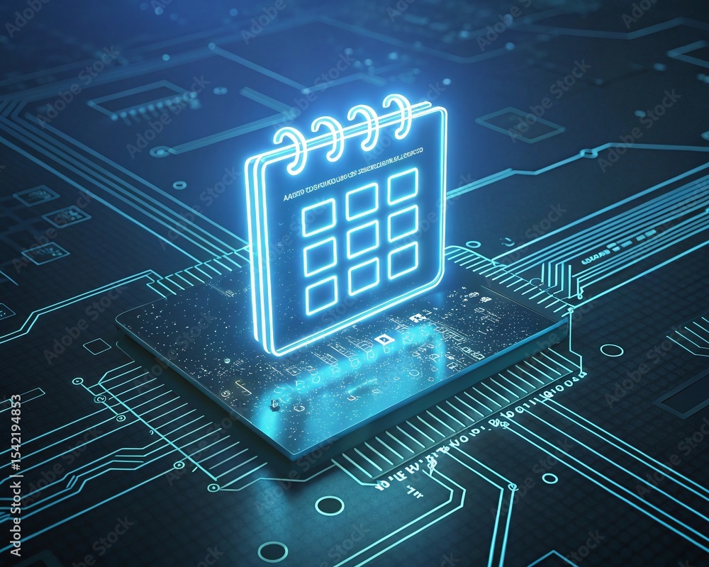 Aufkleber glowing calendar icon on advanced circuit board technology design