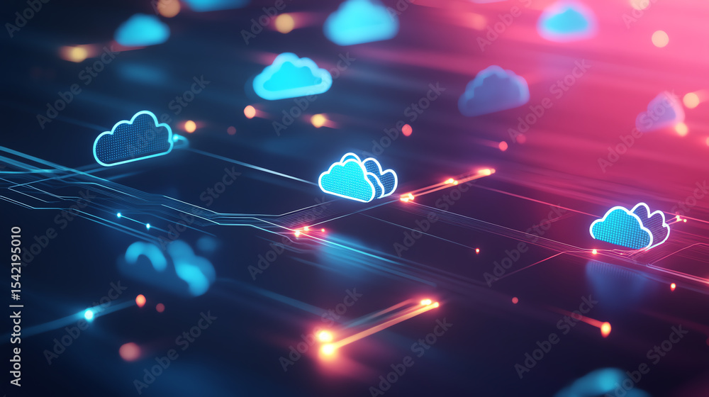 Aufkleber Abstract digital cloud technology background featuring illuminated circuit lines and floating cloud icons in vibrant colors.
