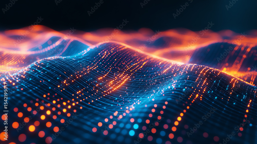Poster abstract digital landscape showcasing vibrant waves of blue and orange light, representing technolog