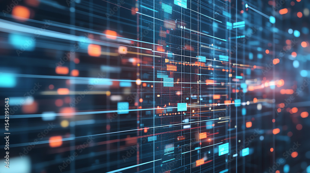 Poster Abstract digital network visual with glowing lines and dots, symbolizing data flow and connectivity in the technology realm.