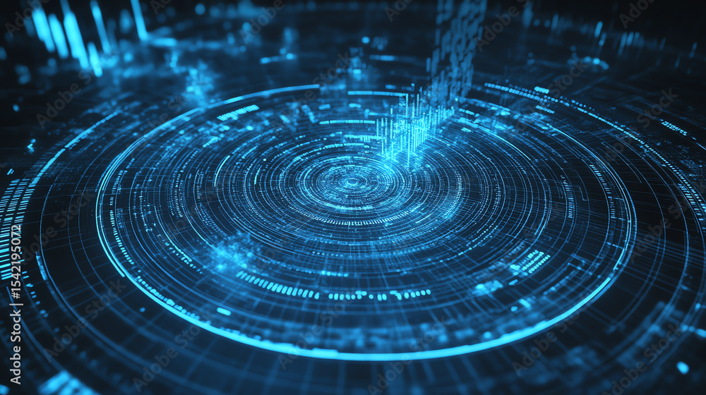 Poster Abstract digital technology background with blue circular patterns, symbolizing data flow and connectivity in modern industries.