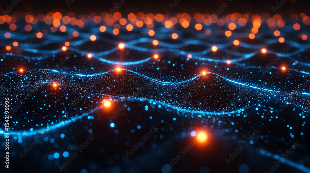 Aufkleber abstract digital visualization of glowing waves with blue and orange lights, representing innovation