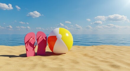 Obraz premium Summer scene with a beach ball and flip-flops on sandy beach.