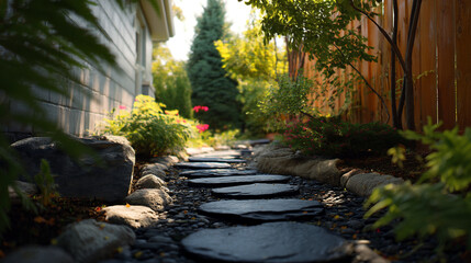 Stone walkway through a lush garden with a wooden fence and a building on either side in daylight