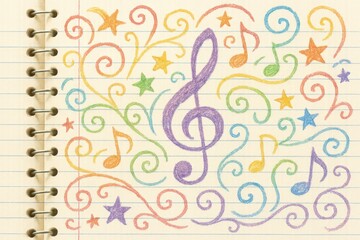 Obraz premium Colorful Musical Notes and Swirls Create an Artistic Display on Lined Paper, Adding a Vibrant Touch to a Creative Space Filled With Inspiration