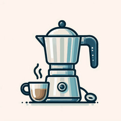 Espresso machine cup smoke Cartoon style with blue lines white and brown