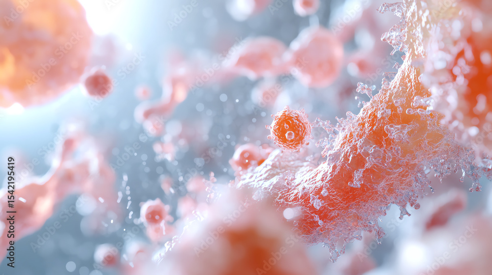 Poster an abstract representation of cells and microorganisms showcasing intricate details and vibrant colo