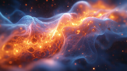 Fototapeta premium An ethereal representation of cosmic energy, showcasing vibrant orange and blue hues in a mesmerizing, abstract formation.