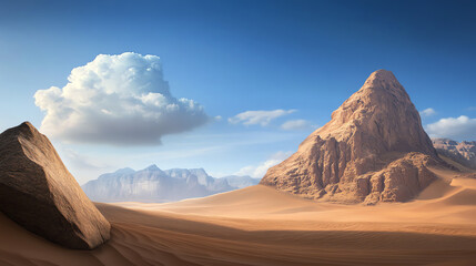 Naklejka premium Breathtaking desert view featuring vibrant mountains and serene clouds against a clear blue sky for nature lovers and explorers.