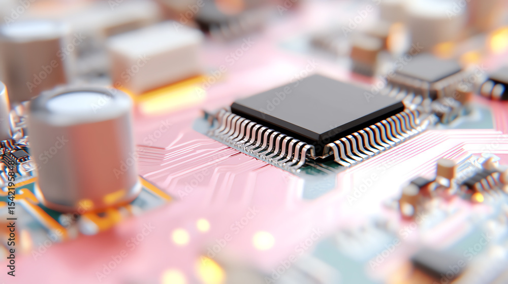 Poster Close-up shot of a microprocessor on a circuit board, showcasing intricate details and modern technology.