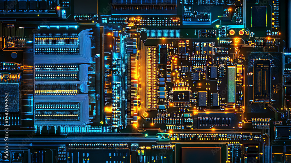 Aufkleber Close-up view of a colorful circuit board showcasing intricate details and glowing elements of electronic components.