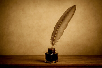 Antique Quill Pen and Inkwell Set Against a Rustic Background Create a Nostalgic Writing Atmosphere