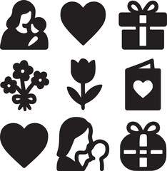 Minimalist Motherhood & Love Icons – Mom Holding Child, Heart Balloon, Gifts, Candle, Cake, Flowers, Envelope – Clean Black Silhouettes for Family, Holiday, and Lifestyle Graphics