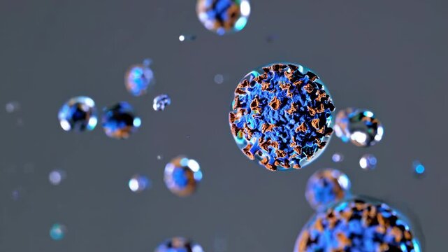 Microscopic cells and droplets in suspended animation against gray backdrop