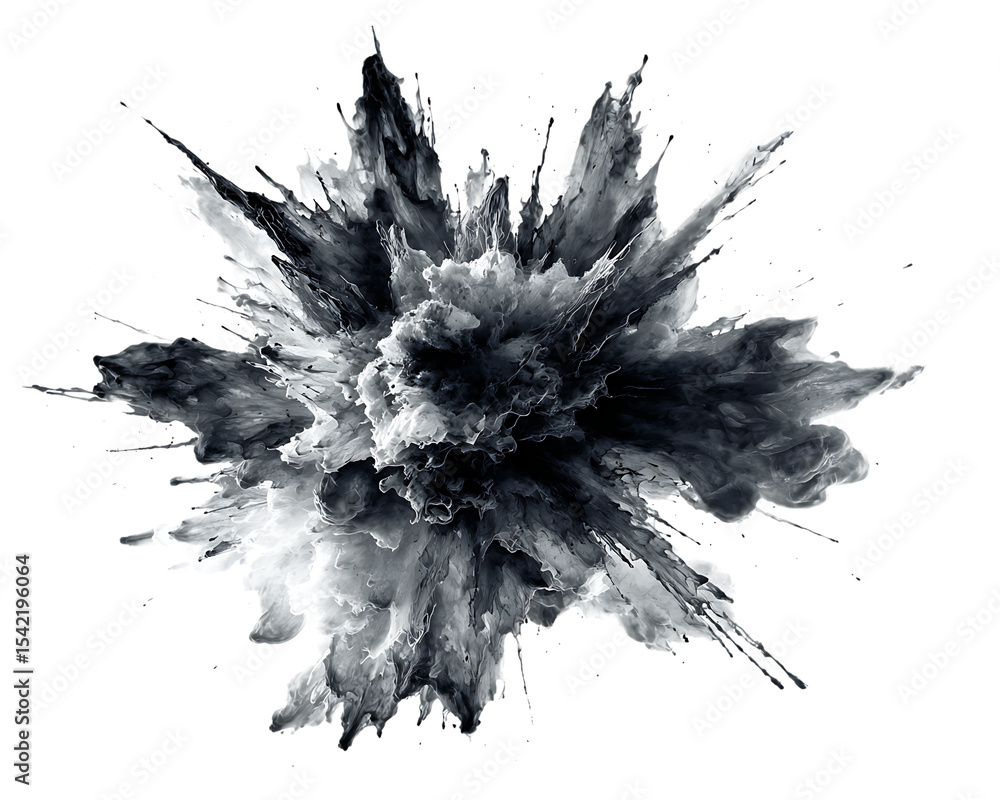 Poster abstract grayscale paint explosion isolated on transparent background