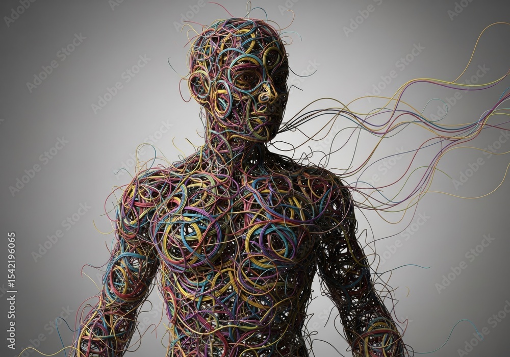 Poster digital human connectivity. intricate figure crafted from vibrant wires, illustrating the complex fl
