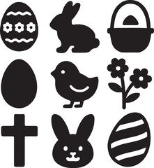 Minimalist Easter Icon Set – Rabbit, Decorated Eggs, Chick, Basket, Tulip, Cake, Candle, Fence – Clean Black Silhouettes for Springtime, Holiday, and Religious Designs