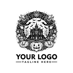 Spooky Halloween mansion logo design, encircled by pumpkins, bats, ghosts, and spiderwebs.