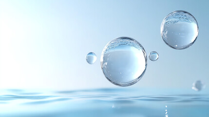 Crystal-clear water bubbles floating above a tranquil surface, encapsulating beauty and serenity in a natural setting.