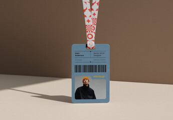 Single ID Card Mockup with Modern Lanyard &ndash; Professional Badge Design Displayed with Strong Shadow on Neutral Surface
