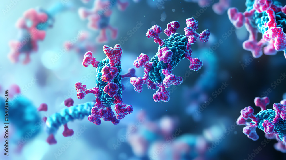 Poster detailed microscopic view of viruses showcasing vibrant structures and colors, illustrating the comp