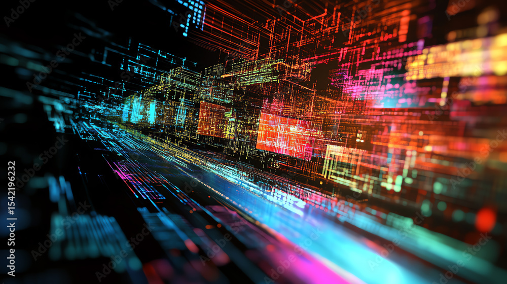 Aufkleber Dynamic abstract representation of digital data in vibrant colors and patterns, symbolizing modern technology and innovation.