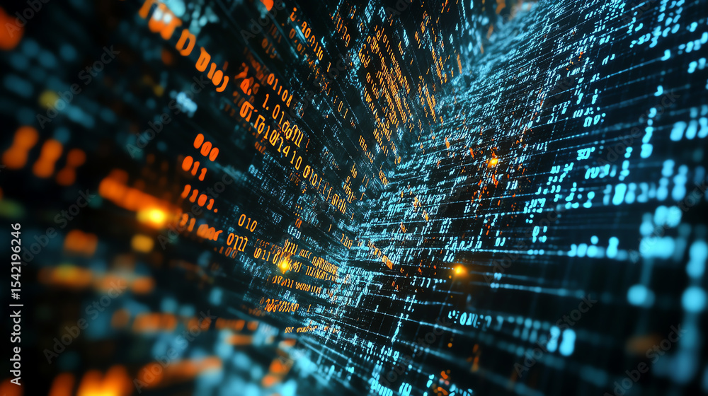 Poster dynamic digital representation of data flow, showcasing vibrant patterns of blue and orange, symboli