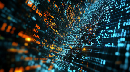 Dynamic digital representation of data flow, showcasing vibrant patterns of blue and orange, symbolizing innovation and information transfer.