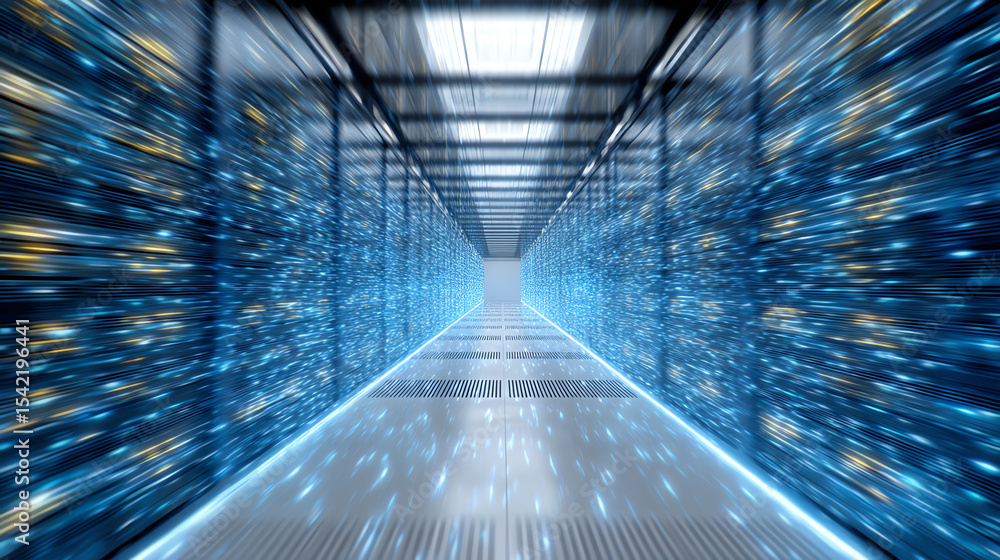 Poster futuristic data center corridor with glowing blue lights and high-tech servers, symbolizing advanced