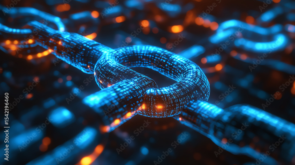 Poster futuristic digital chain links glowing in vibrant colors, representing blockchain technology and con