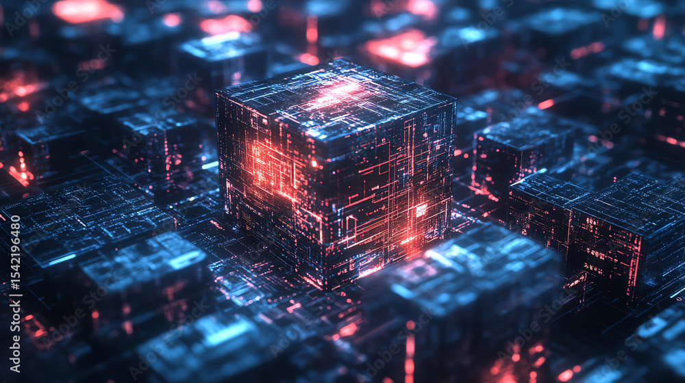 Poster Futuristic digital cubes with vibrant colors representing advanced technology and data processing, creating a mesmerizing tech landscape.