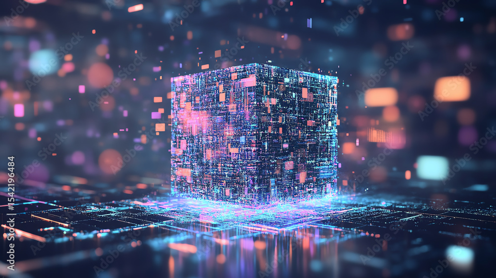 Poster futuristic digital cube glowing with vibrant colors, representing innovation and data in a virtual e