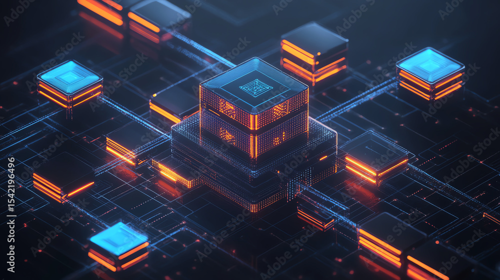 Poster Futuristic digital network with glowing circuits and processors, symbolizing advanced technology and innovation in computing.