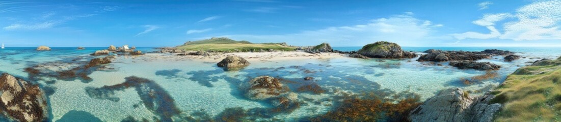 Fototapeta premium Panoramic view of a tranquil cove with crystal-clear water, rocky shoreline, and a sandy beach