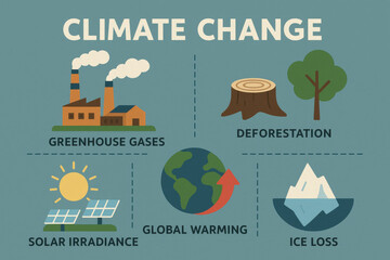 Climate change effects info graphic showing deforestation solar radiation ice loss greenhouse gases and global warming on Earth