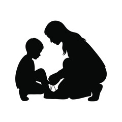 Mother tying sons shoelaces Black silhouette vector illustration family care childhood parenting help