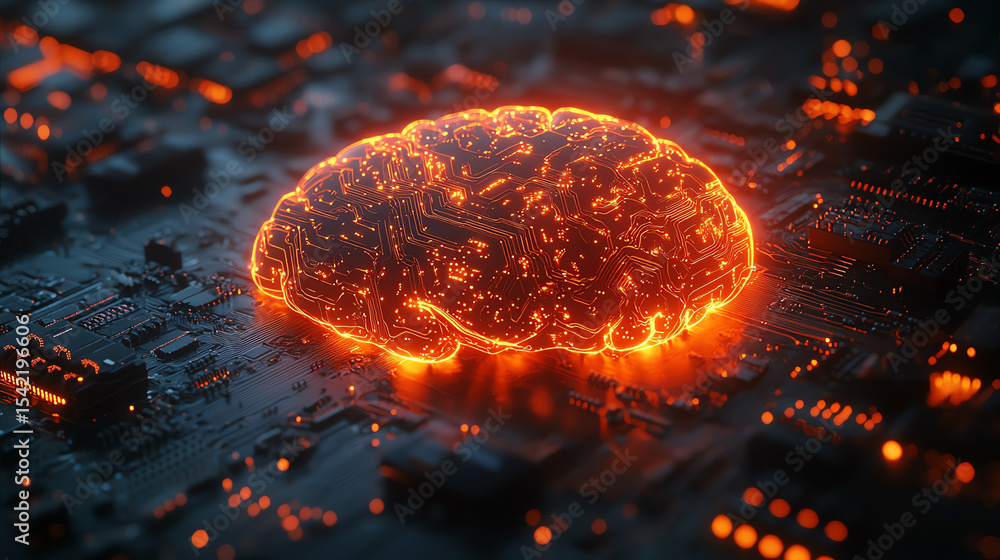 Aufkleber Futuristic rendering of a glowing brain on a circuit board, symbolizing advanced technology and artificial intelligence.