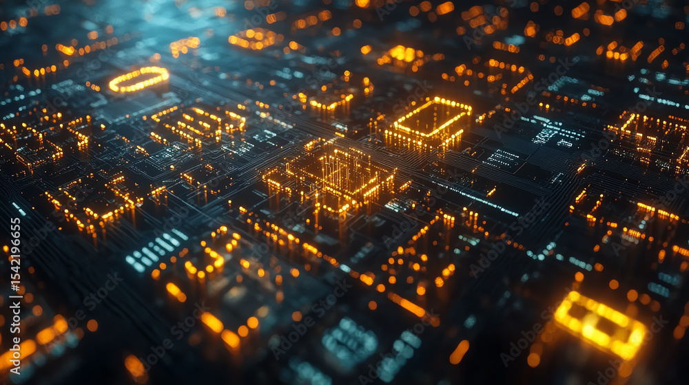 Poster intricate digital circuit board design with glowing elements showcasing modern technology and innova
