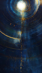 Arte digitale astratta con motivi circolari concentrici e luce cosmica che attraversa l'immagine, Abstract digital artwork with concentric circular patterns and cosmic light traversing the image