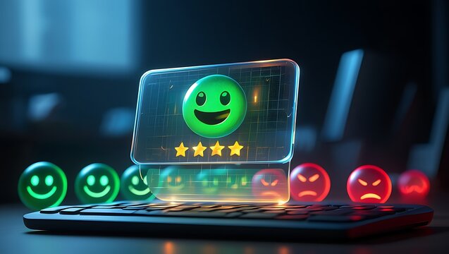 Positive customer feedback and five star rating on digital device
