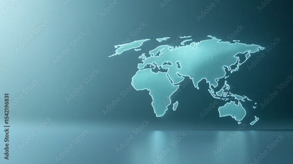 Poster stylized world map design in a serene blue atmosphere showcasing global connectivity and innovation.