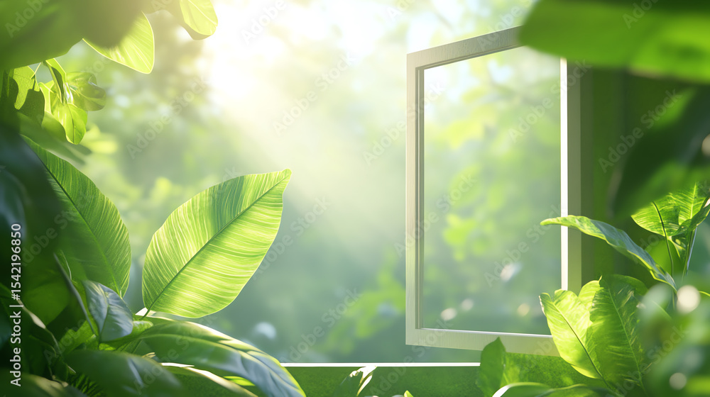 Poster sunlight streaming through a window surrounded by lush green leaves, creating a serene atmosphere th